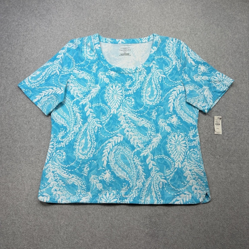 Talbots Tee Shirt Womens Petite XL Blue Paisley Short Sleeve Scoop Neck Stretch